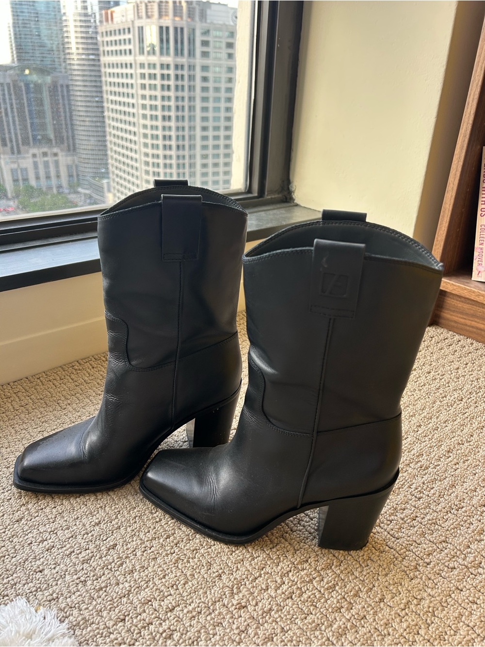 Nordstrom Black Leather Mid-Calf Block Heel Boots